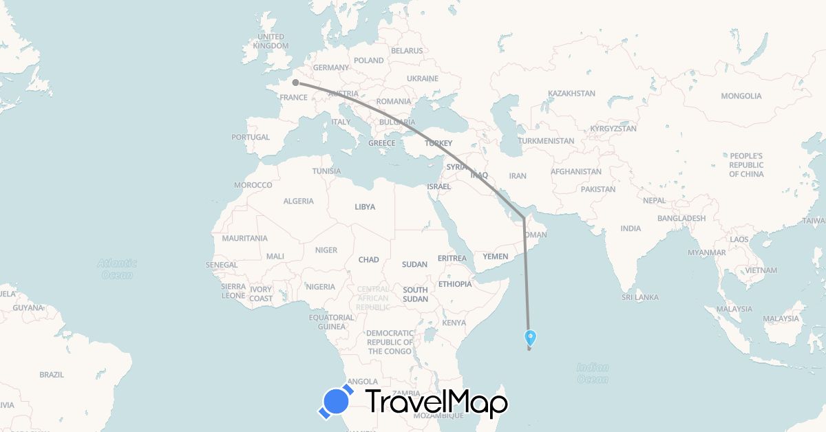 TravelMap itinerary: driving, bus, plane, boat in United Arab Emirates, France, Seychelles (Africa, Asia, Europe)